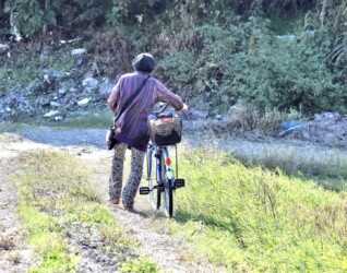 餌をやって帰る高齢者の女性